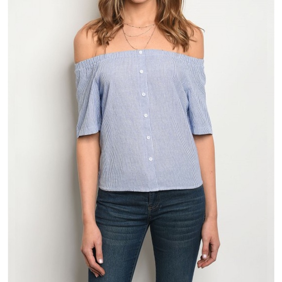 Golden Threads Tops - Black and White Stripe Off Shoulder Poplin Top